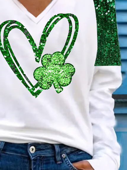 Women's Heart Sequin Shamrock St. Patrick's Day Casual Long Sleeve V-Neck T-Shirt