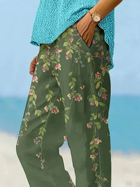 Women's Straight Pants Daily Going Out Pants Green Casual Printing Floral Spring/Fall Pants