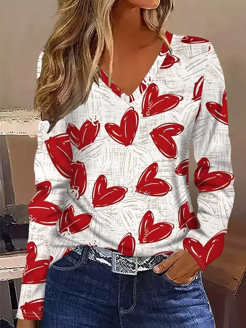 Women's Love Valentine's Day Printed V Neck Long Sleeve T-Shirt