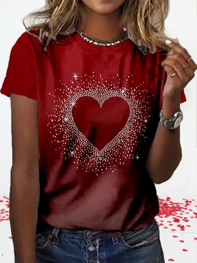 Women's Heart Valentine's Day Printed Round Neck Daily Casual Short Sleeve T-Shirt