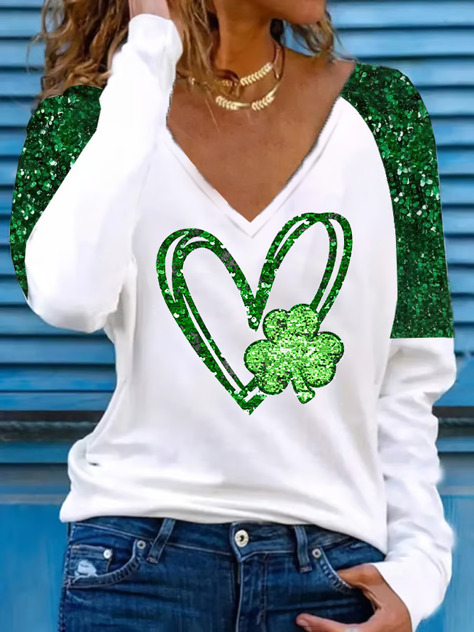 Women's Heart Sequin Shamrock St. Patrick's Day Casual Long Sleeve V-Neck T-Shirt