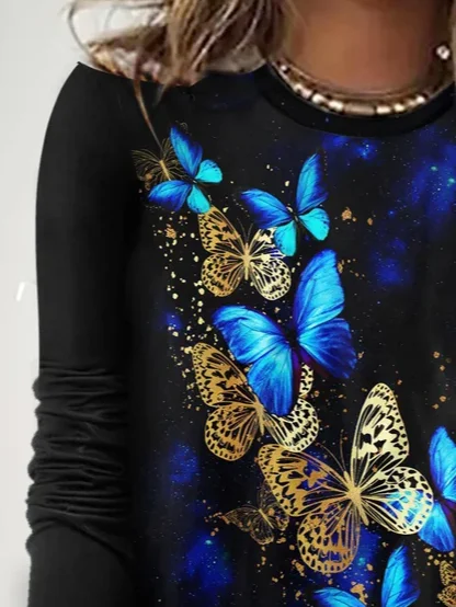 Women's Long Sleeve T-shirt Spring/Fall Black Butterfly Printing Jersey Crew Neck Daily Going Out Casual Top