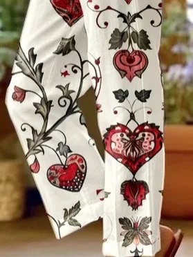 Women's Spring Flower Heart Valentine's Day Straight Daily Casual Printed Spring and Autumn Pants