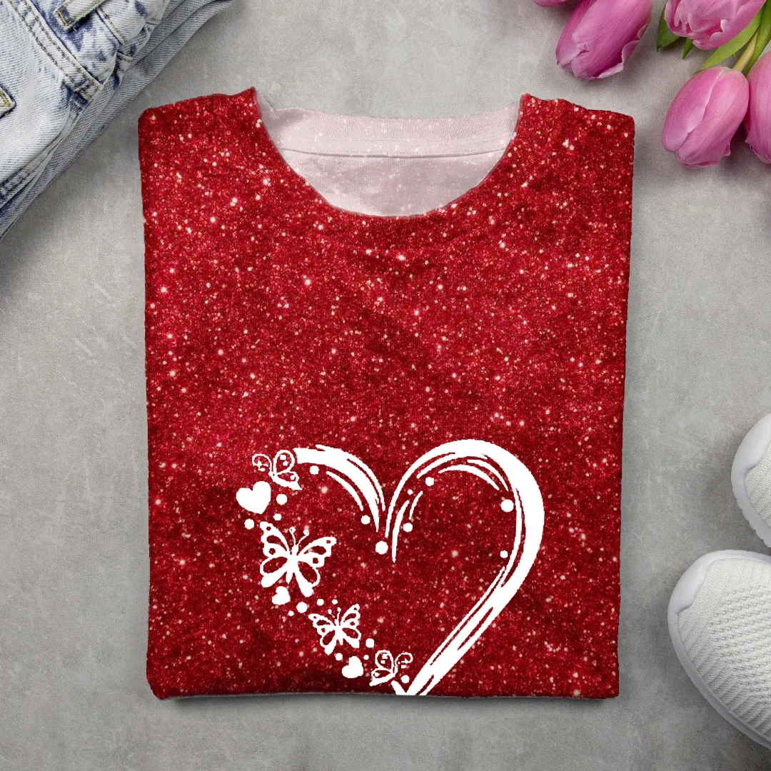 Women's Sequin Heart Valentine's Day Print Round Neck Long Sleeve T-Shirt