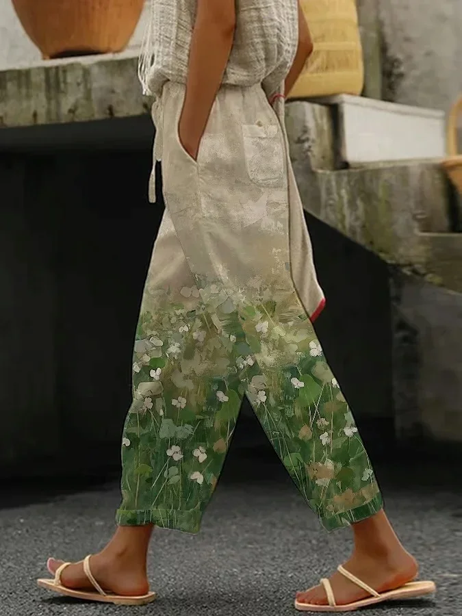 Women's Straight Pants Daily Going Out Pants Green Casual Printing Floral Spring/Fall Pants