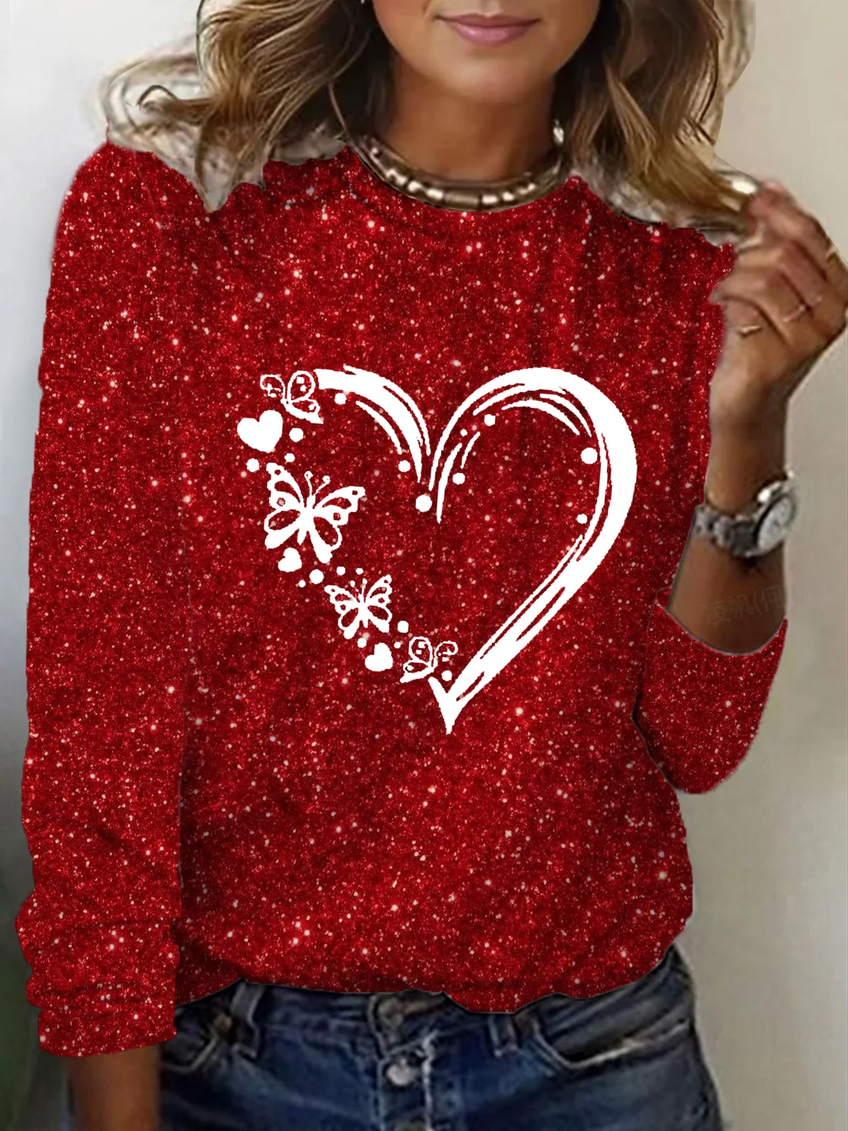 Women's Sequin Heart Valentine's Day Print Round Neck Long Sleeve T-Shirt