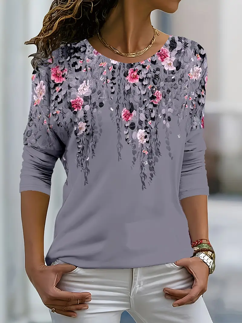 Women's Long Sleeve T-shirt Spring/Fall Gray Floral Printing Jersey Crew Neck Daily Going Out Casual Top