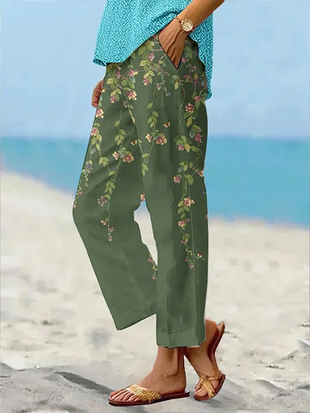 Women's Straight Pants Daily Going Out Pants Green Casual Printing Floral Spring/Fall Pants