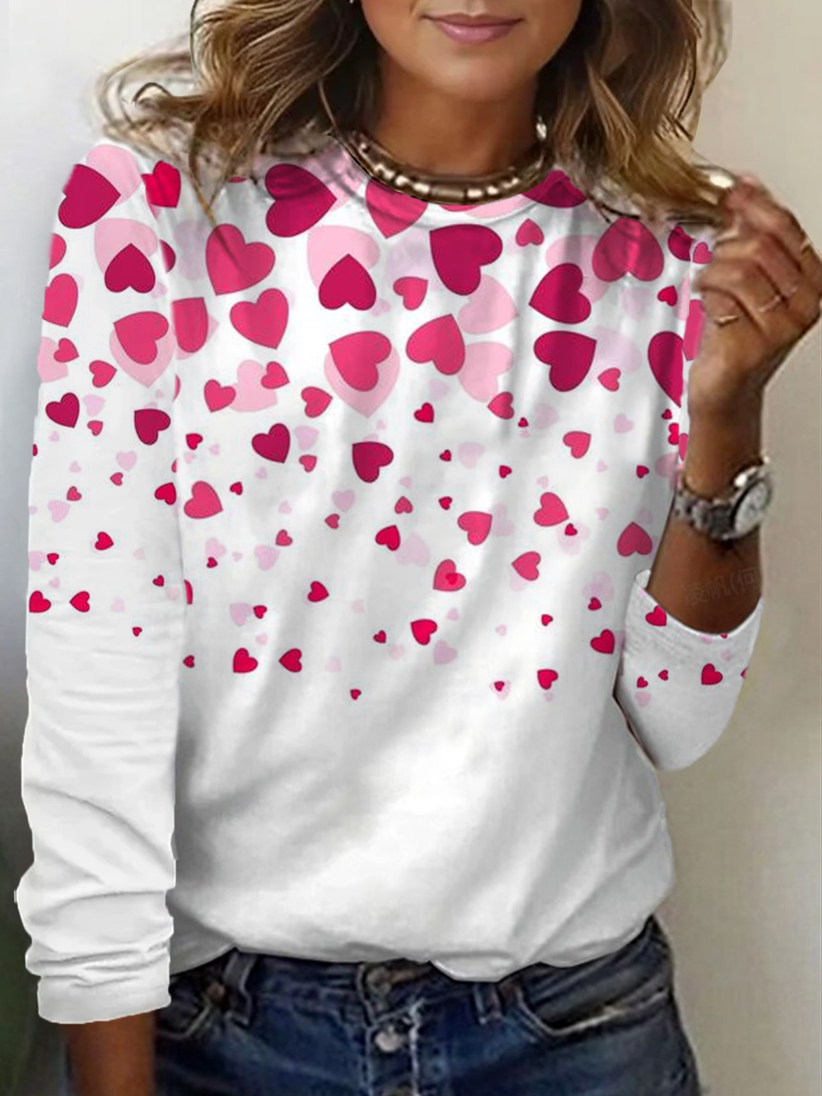 Women's Love Valentine's Day Printed Round Neck Long Sleeve T-Shirt