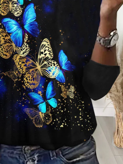 Women's Long Sleeve T-shirt Spring/Fall Black Butterfly Printing Jersey Crew Neck Daily Going Out Casual Top