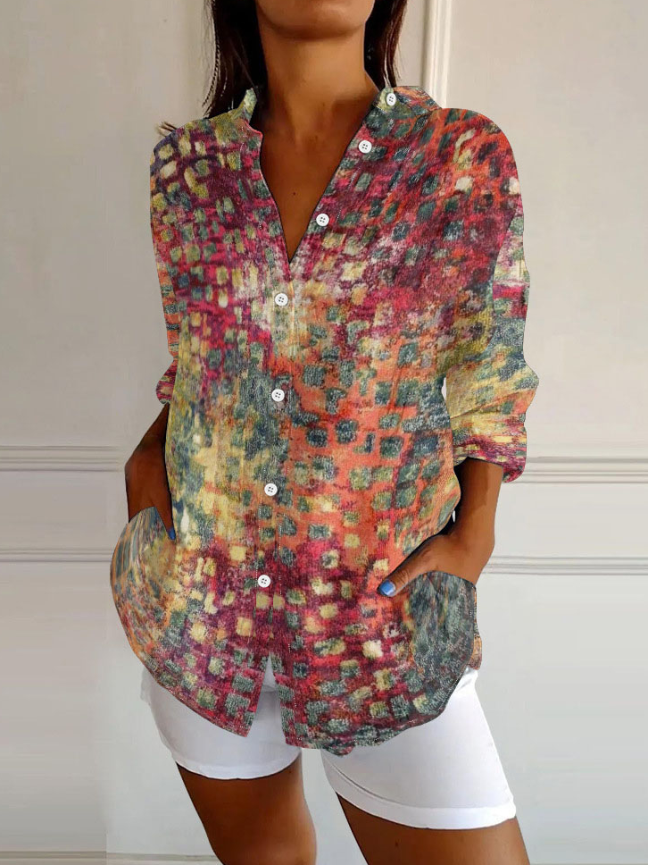 Linen Blend Multicolor Block Loose Street Shirt