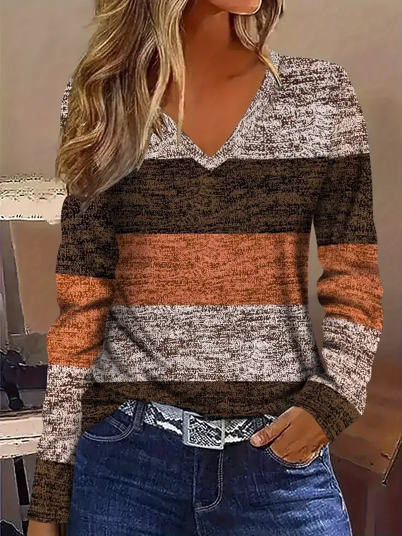 Women's Striped Color Block Casual Printed Long Sleeve V-Neck T-Shirt