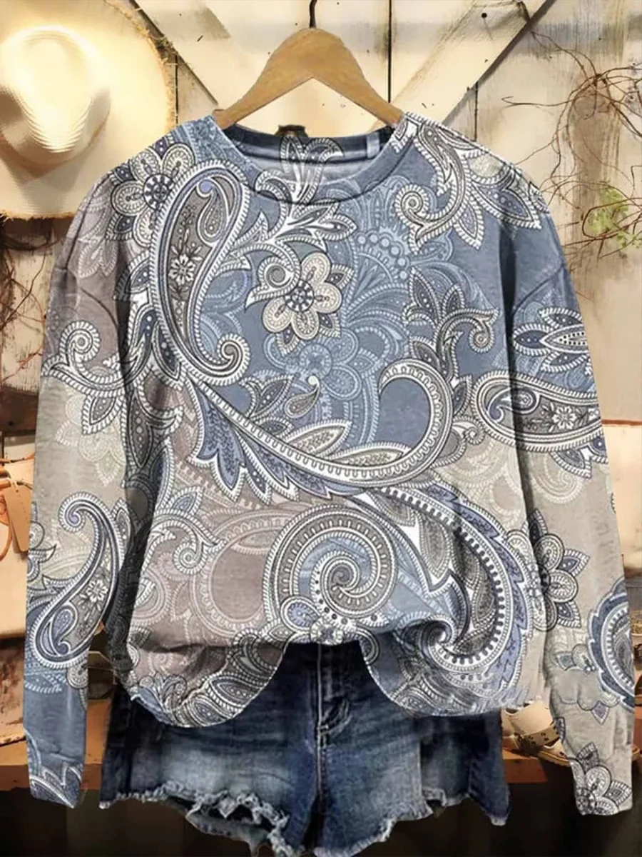 Women's Spring Floral Casual Print Long Sleeve Crew Neck Sweatshirt