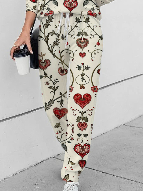 Women's Printed Flower Heart Valentine's Day Daily Casual Two-piece Suit