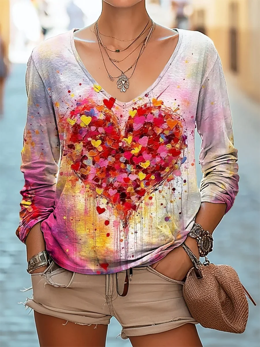 Valentine's Day printed heart print casual V-neck long sleeve T-shirt