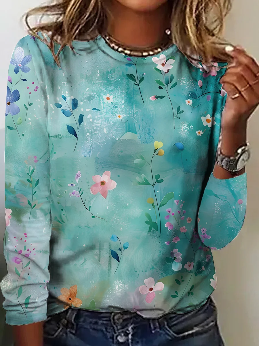 Women's Vintage Art Floral Print Long Sleeve T-Shirt