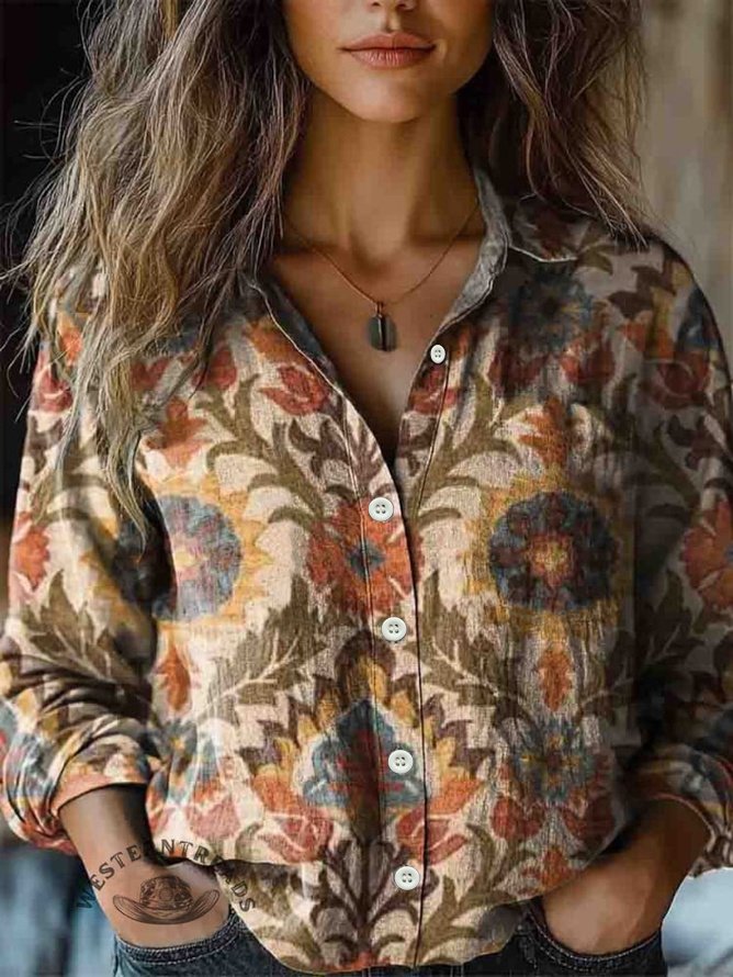 Women's Vintage Folk Floral Art Print Long Sleeve Comfortable Cotton Shirt