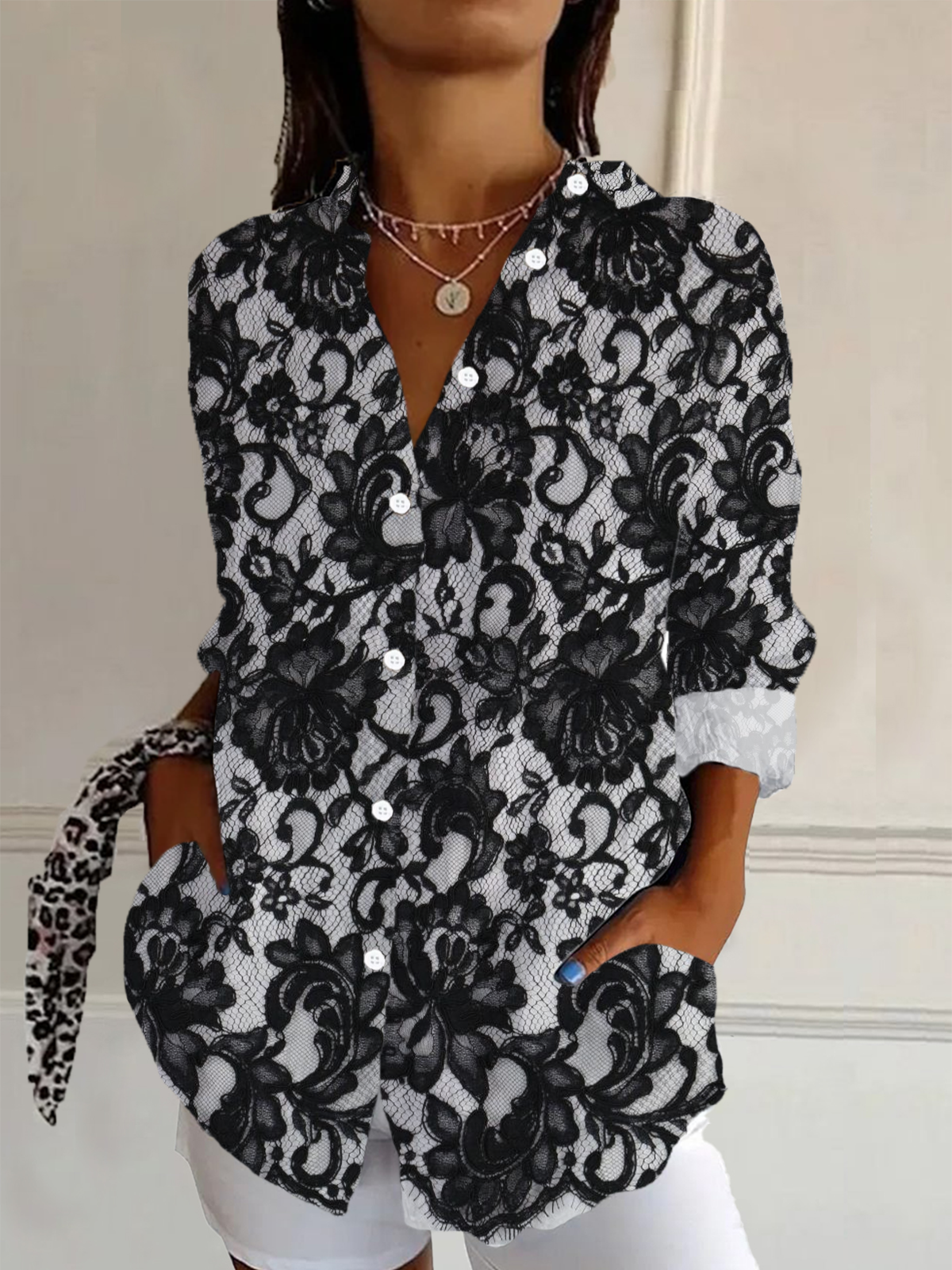 Women's Long Sleeve Shirt Spring/Fall Black Floral Buckle Shirt Collar Daily Going Out Casual Top