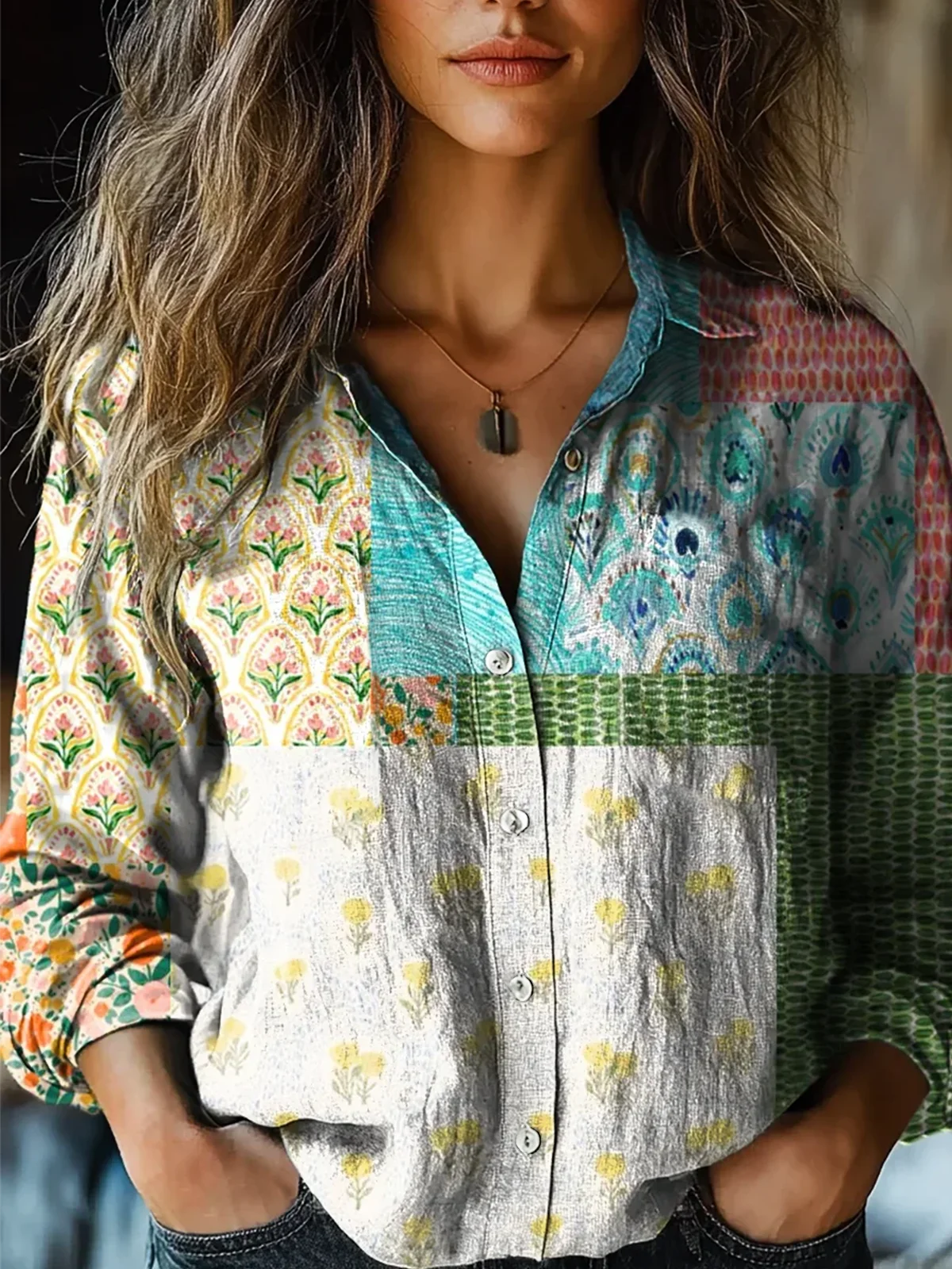 Women's vintage floral patchwork print casual linen shirt