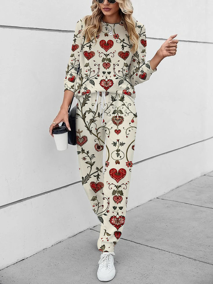 Women's Printed Flower Heart Valentine's Day Daily Casual Two-piece Suit