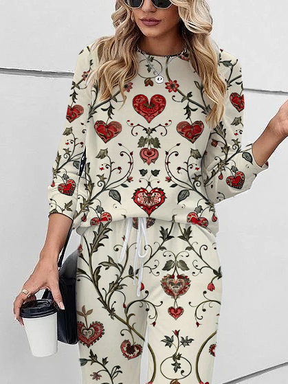 Women's Printed Flower Heart Valentine's Day Daily Casual Two-piece Suit
