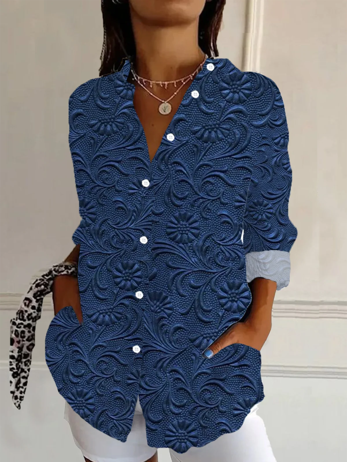 Women's Long Sleeve Shirt Spring/Fall Purplish blue Floral Buckle Shirt Collar Daily Going Out Casual Top