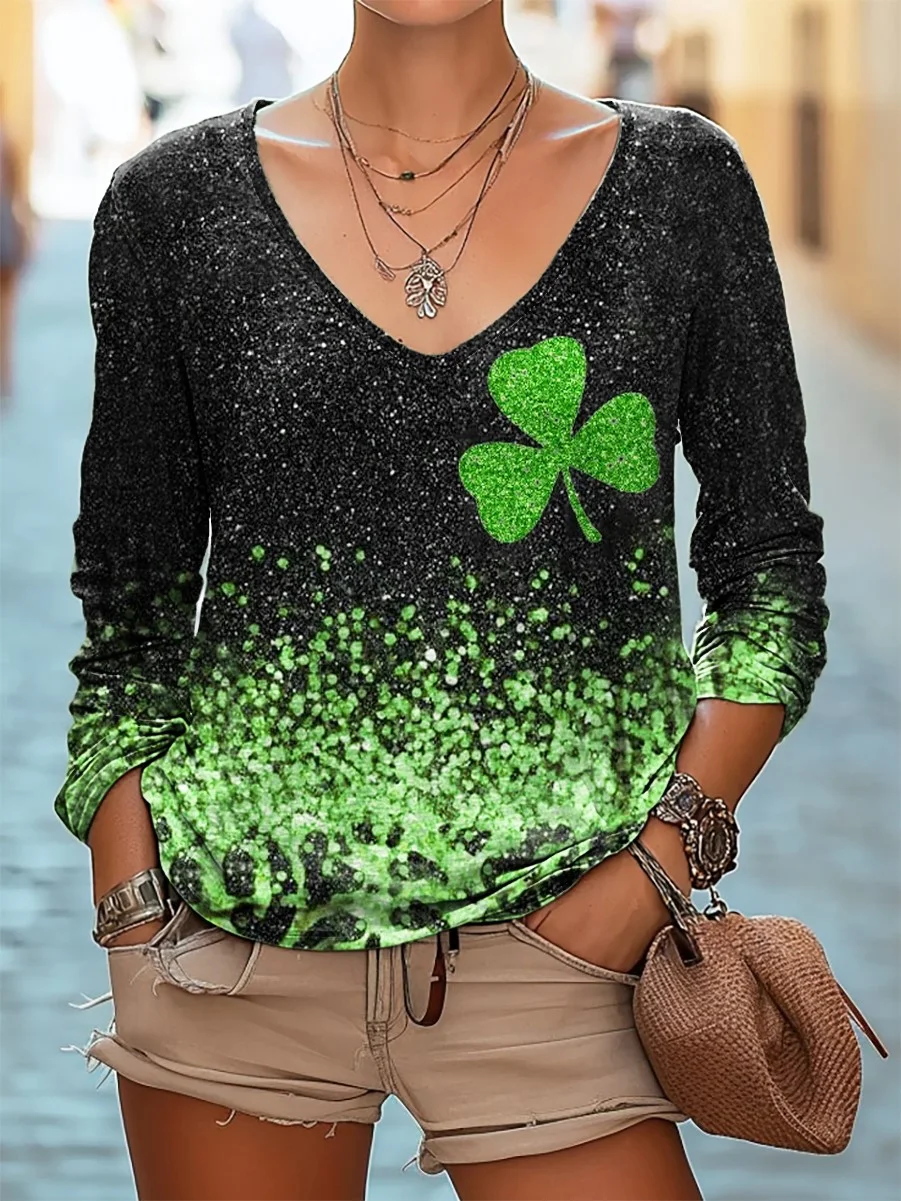 Ladies St. Patrick's Day leopard-print Clover Art Print casual V-neck long sleeve T-shirt