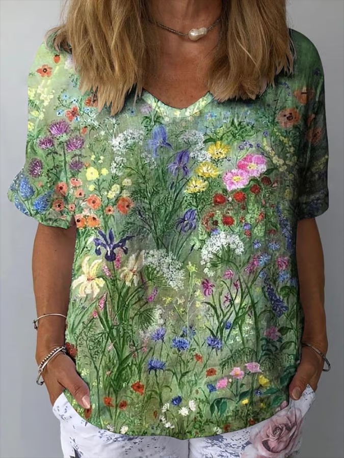 Women's Spring Floral Casual Print Short Sleeve Blouse