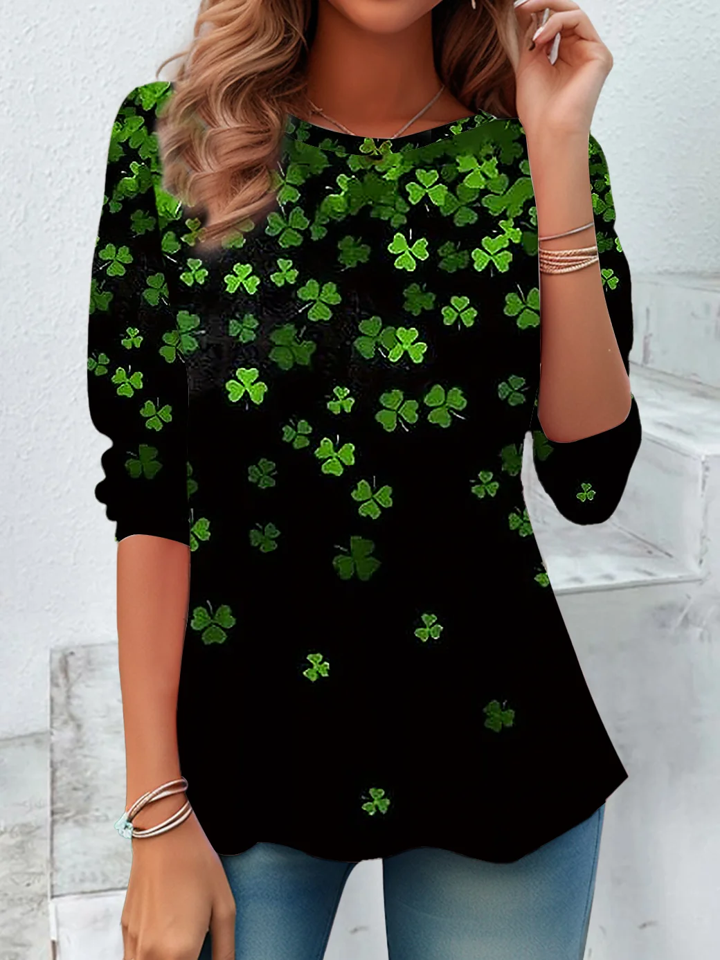 Women's St. Patrick's Day Shamrock Print Casual Crew Neck Tunic T-Shirt