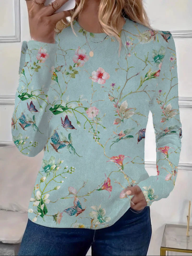 Women's Floral Spring Print Casual Round Neck Long Sleeve T-Shirt