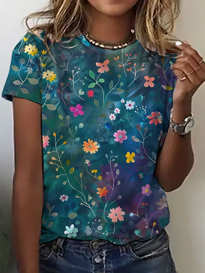 Women's Art Floral Print Short Sleeve T-Shirt