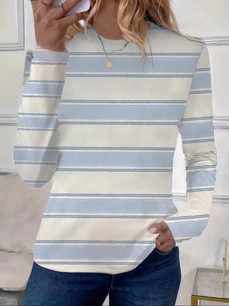 Women's Striped Print Casual Round Neck Long Sleeve T-Shirt