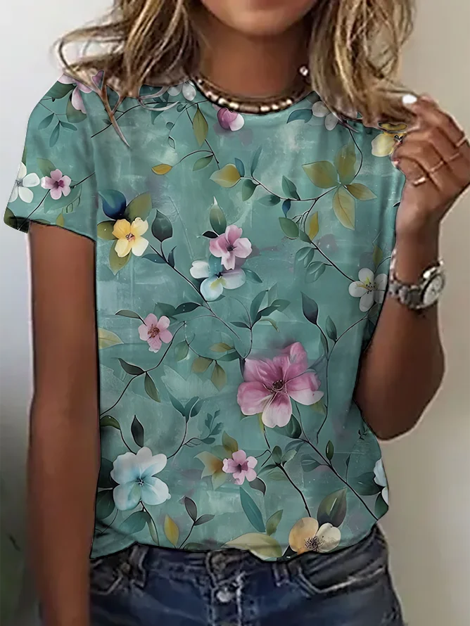 Women's Art Floral Print Short Sleeve T-Shirt