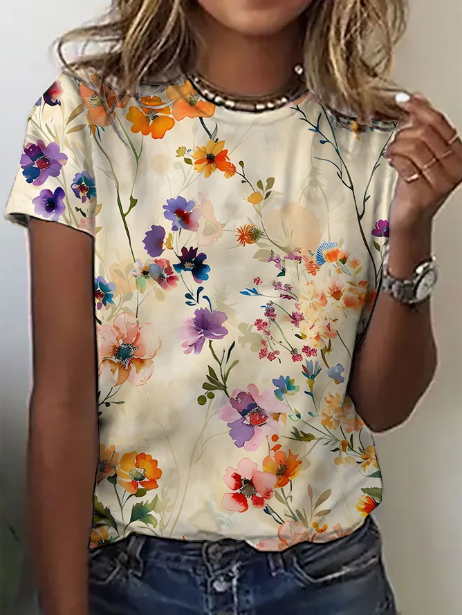 Women's Art Floral Print Short Sleeve T-Shirt