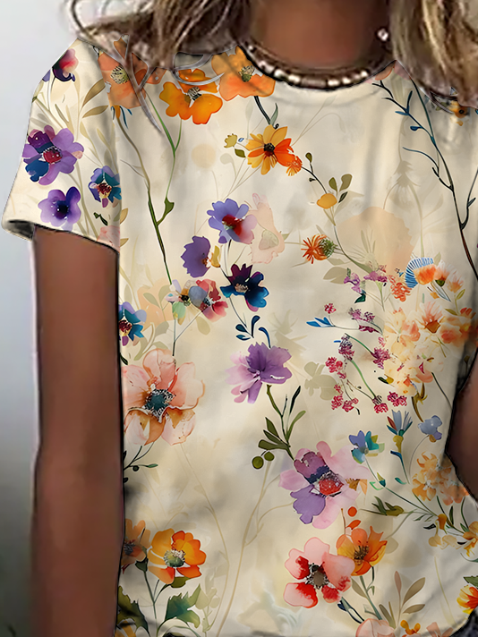 Women's Art Floral Print Short Sleeve T-Shirt