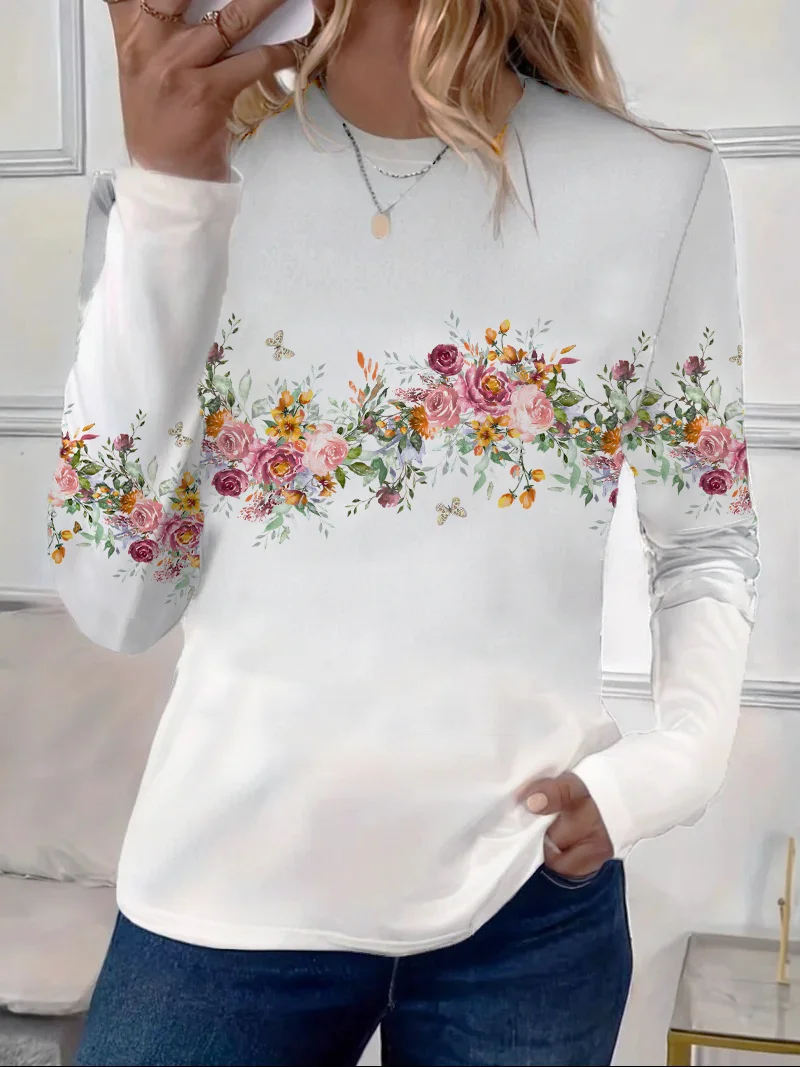 Women's Floral Spring Print Casual Round Neck Long Sleeve T-Shirt