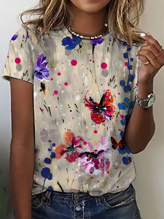 Women's Art Floral Print Short Sleeve T-Shirt