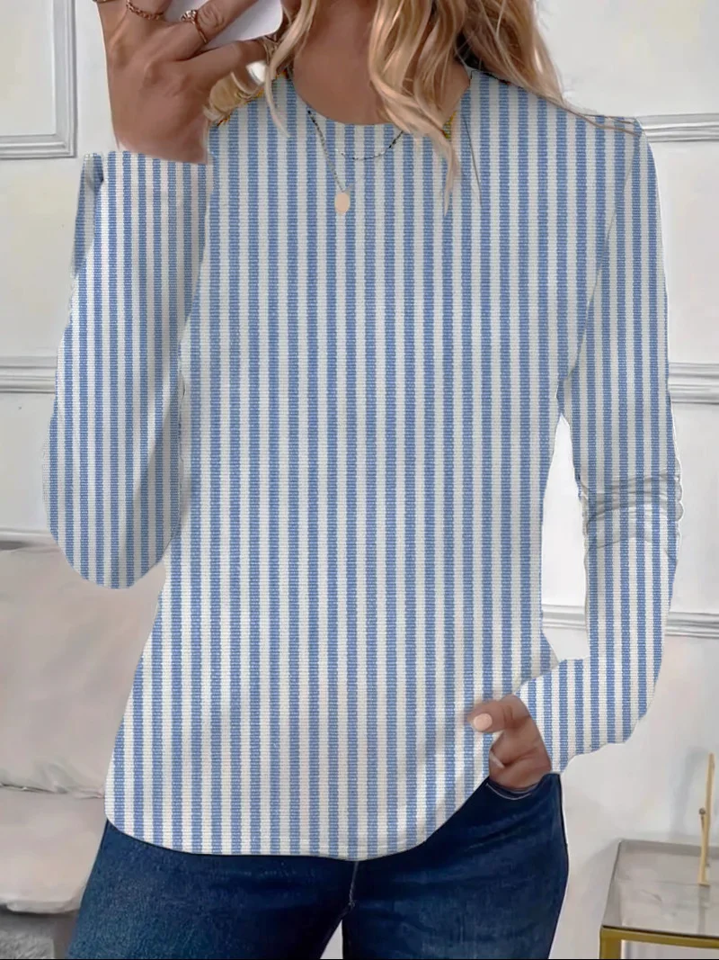 Women's Striped Print Casual Round Neck Long Sleeve T-Shirt