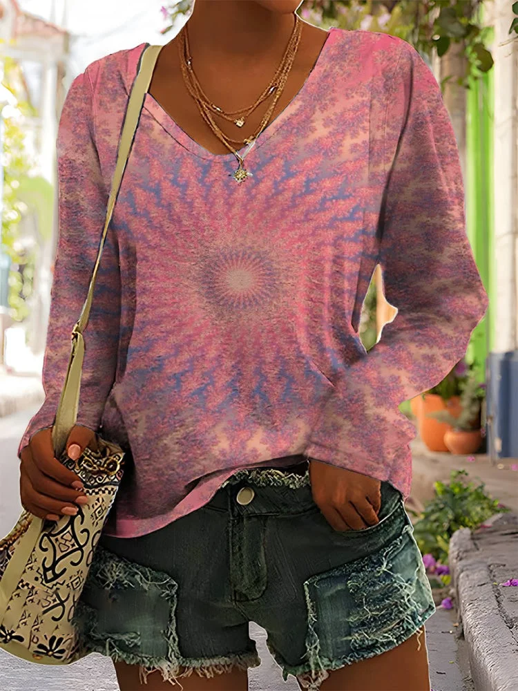 Women's Tie Dye Printed Casual Spring V-Neck Long Sleeve T-Shirt