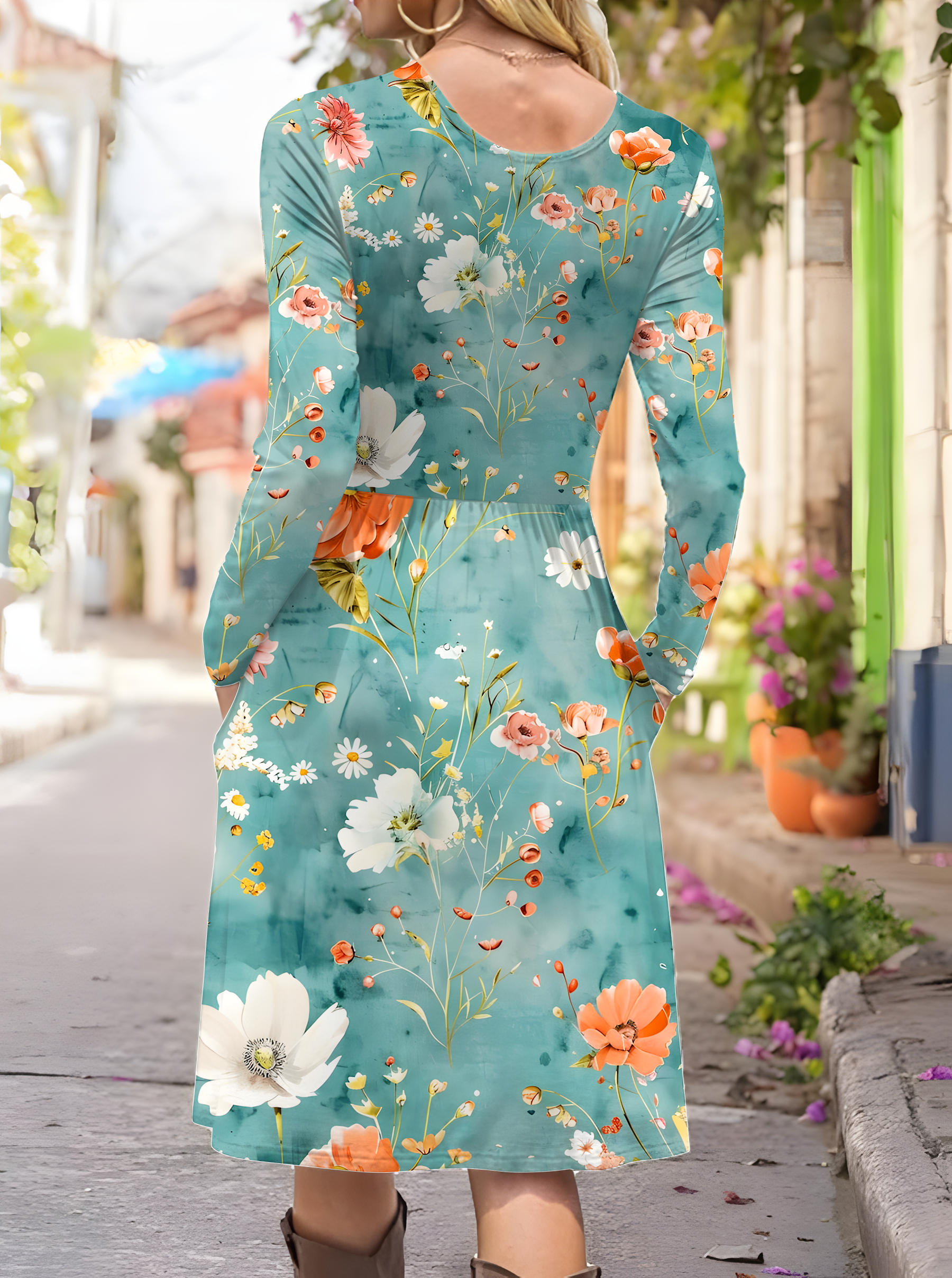 Women's Artistic Floral Print Long Sleeve Pocket Dress