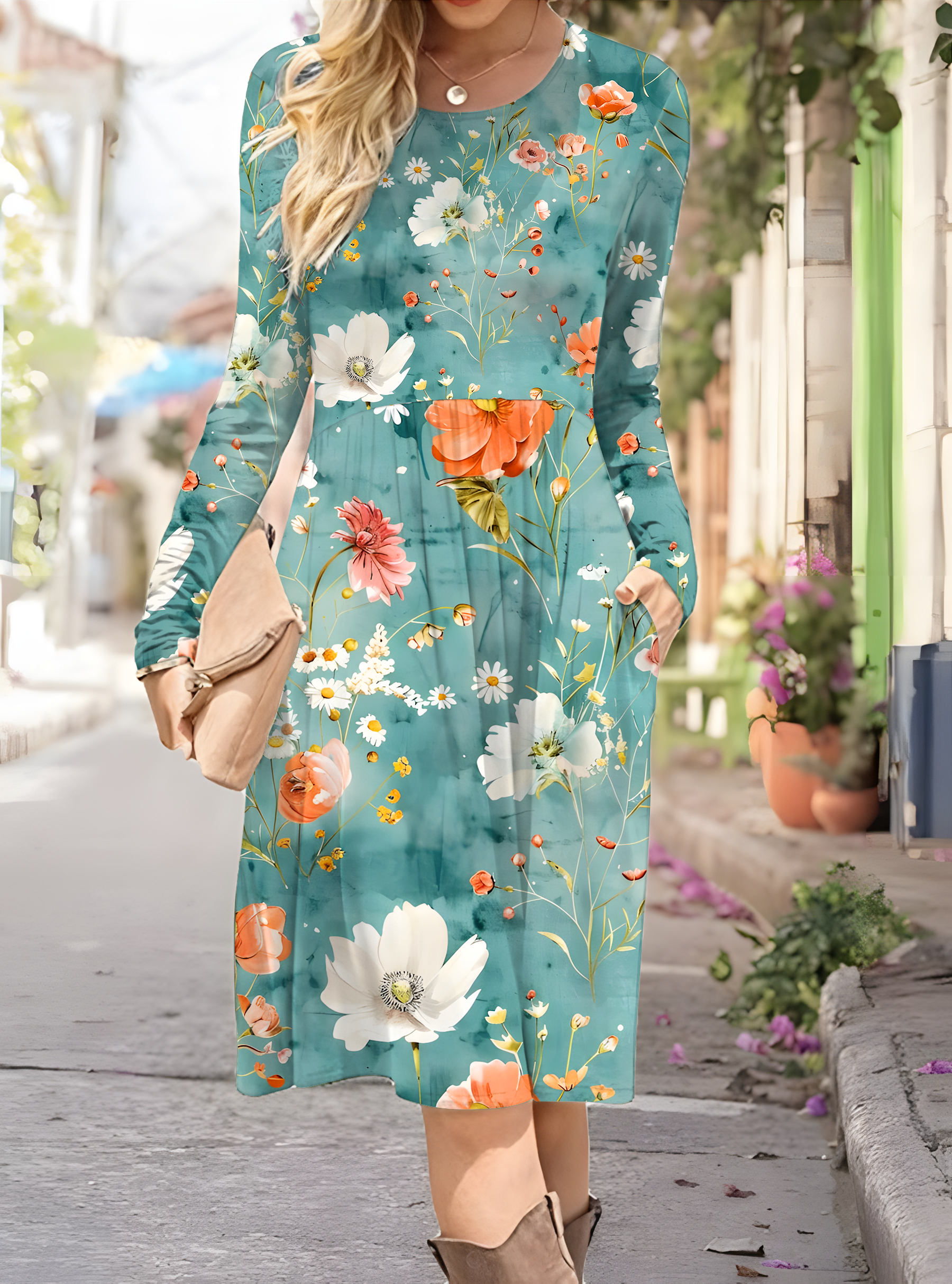 Women's Artistic Floral Print Long Sleeve Pocket Dress