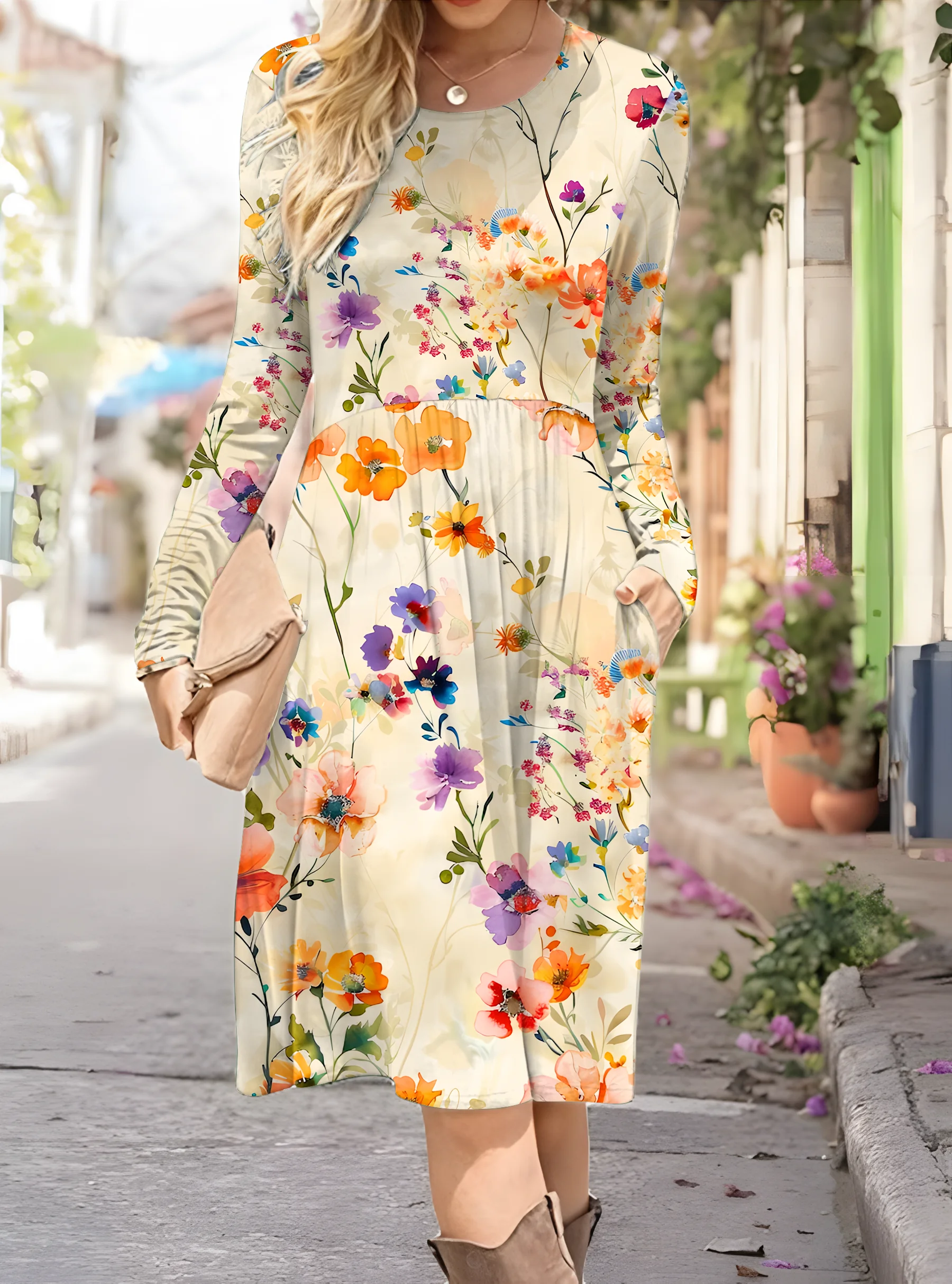 Women's Artistic Floral Print Long Sleeve Pocket Dress