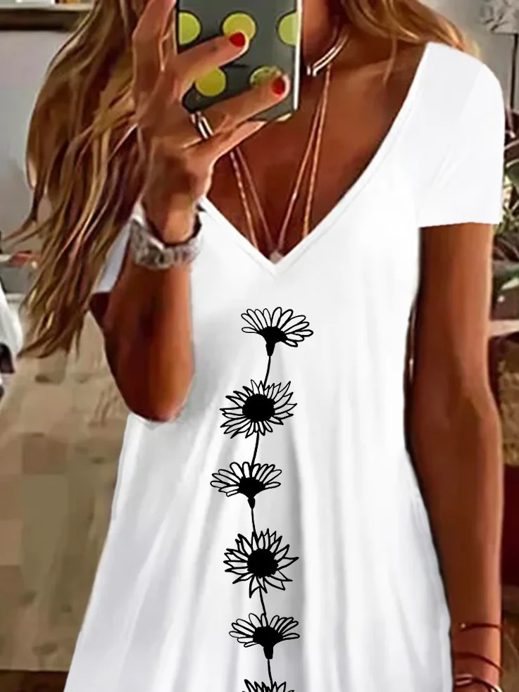 Women's Floral Spring Print Casual Short Sleeve V-Neck Dress