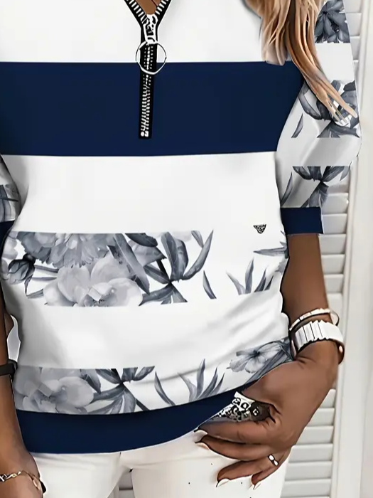 Women's Floral Striped Casual Zip Long Sleeve Sweatshirt