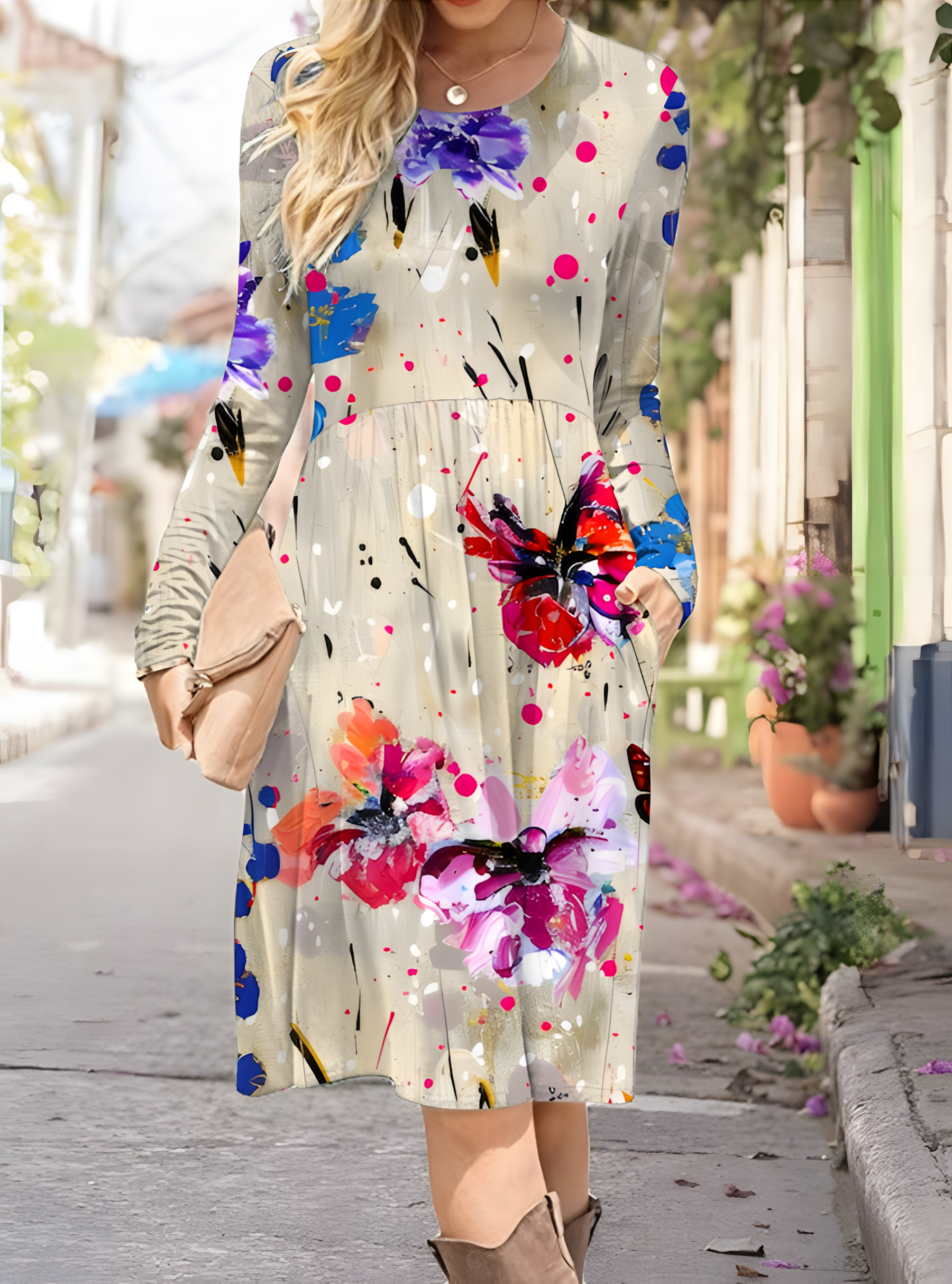 Women's Artistic Floral Print Long Sleeve Pocket Dress