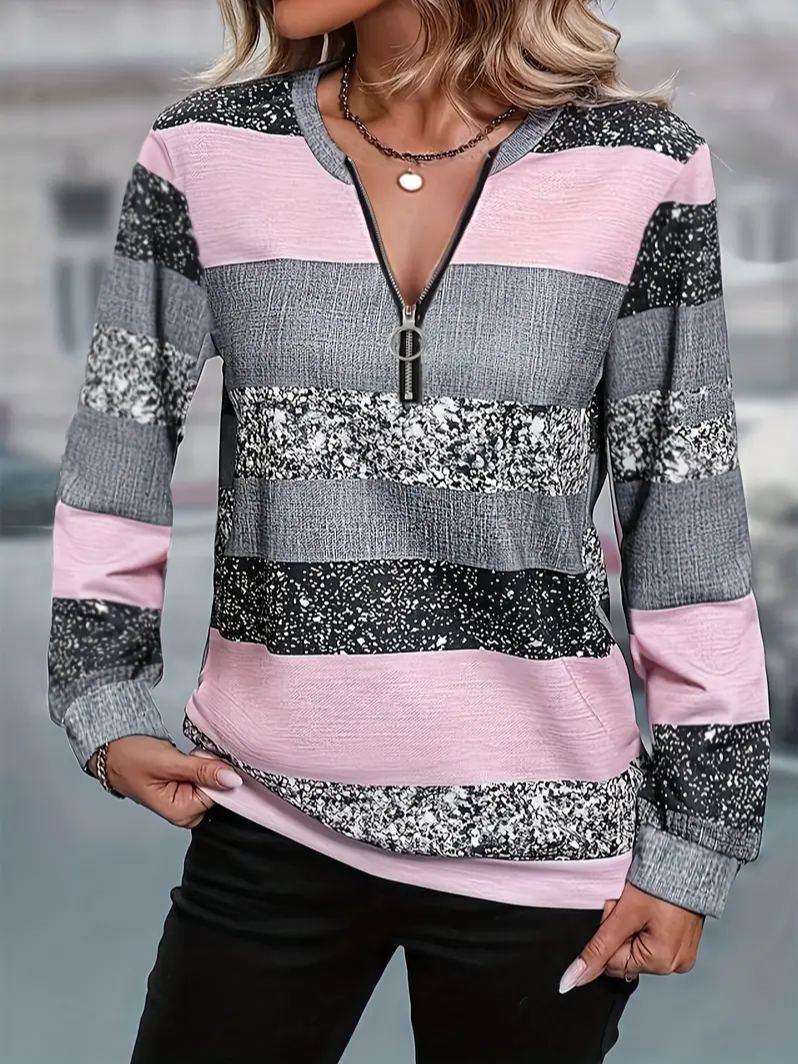 Women's Color Block Striped Casual Zip Long Sleeve Sweatshirt