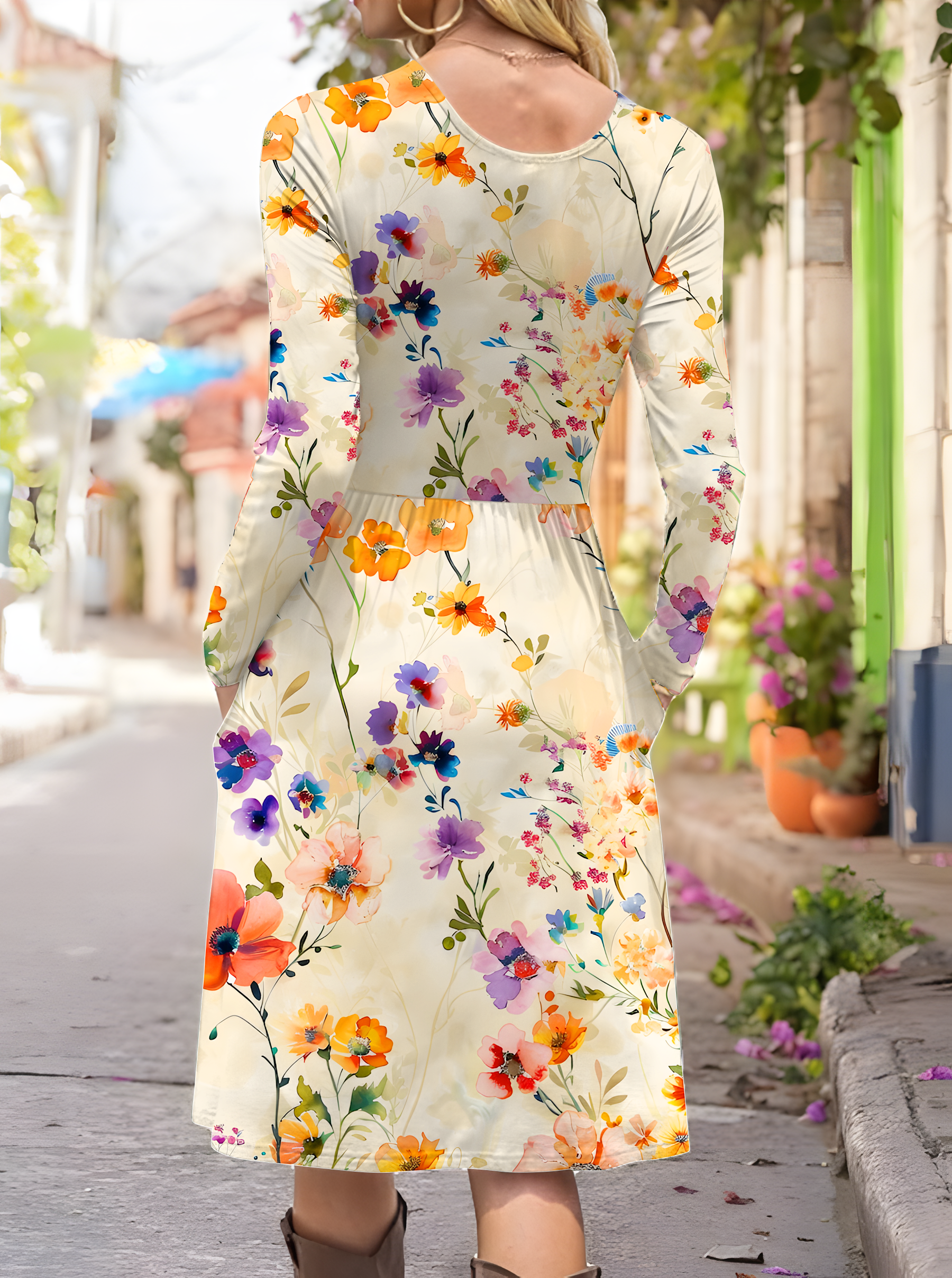 Women's Artistic Floral Print Long Sleeve Pocket Dress