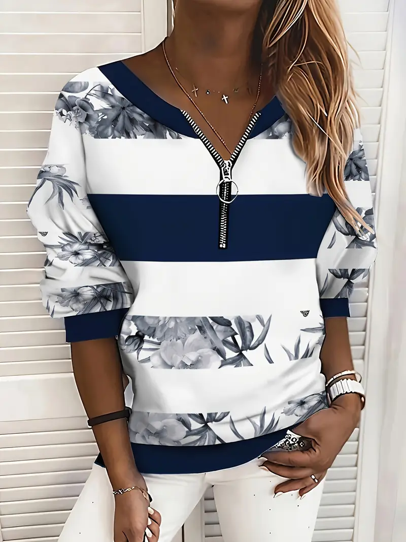 Women's Floral Striped Casual Zip Long Sleeve Sweatshirt