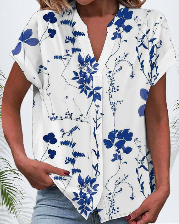 Women's Short Sleeve Shirt Summer White Floral Printing V Neck Daily Going Out Casual Top