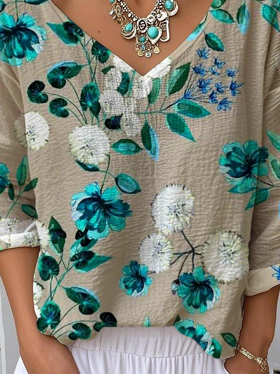 Botanical Pattern Casual V Neck T-Shirt